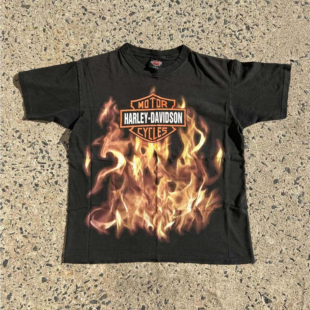 VTG Rare Harley Davidson FlameGraphic Dumfries, VA AOP T ShirtSz L 1993 USA